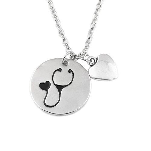 Silver Round Stethoscope Heart Necklace 1