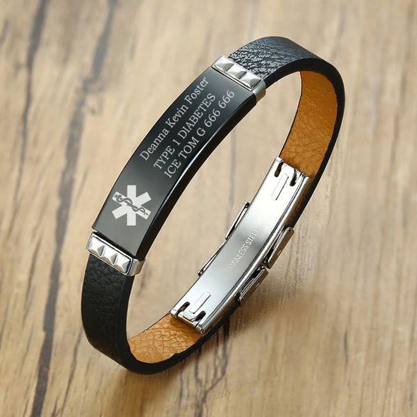 Personalized Black Leather Medical Alert ID Bracelet Free Engraving Dr Store Pro